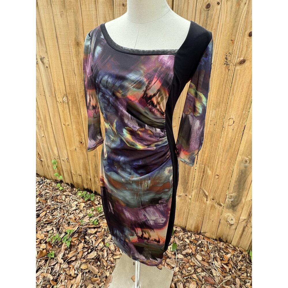 Elana Kattan Dress M Mesh Fairy Watercolor Floral Art to Wear Boho Ruched Sexy